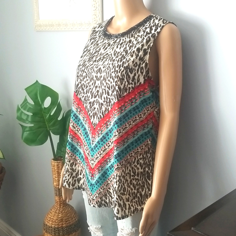 Point Zero Western Boho Animal Print Mixed Media Top SZ L - Picture 3 of 13